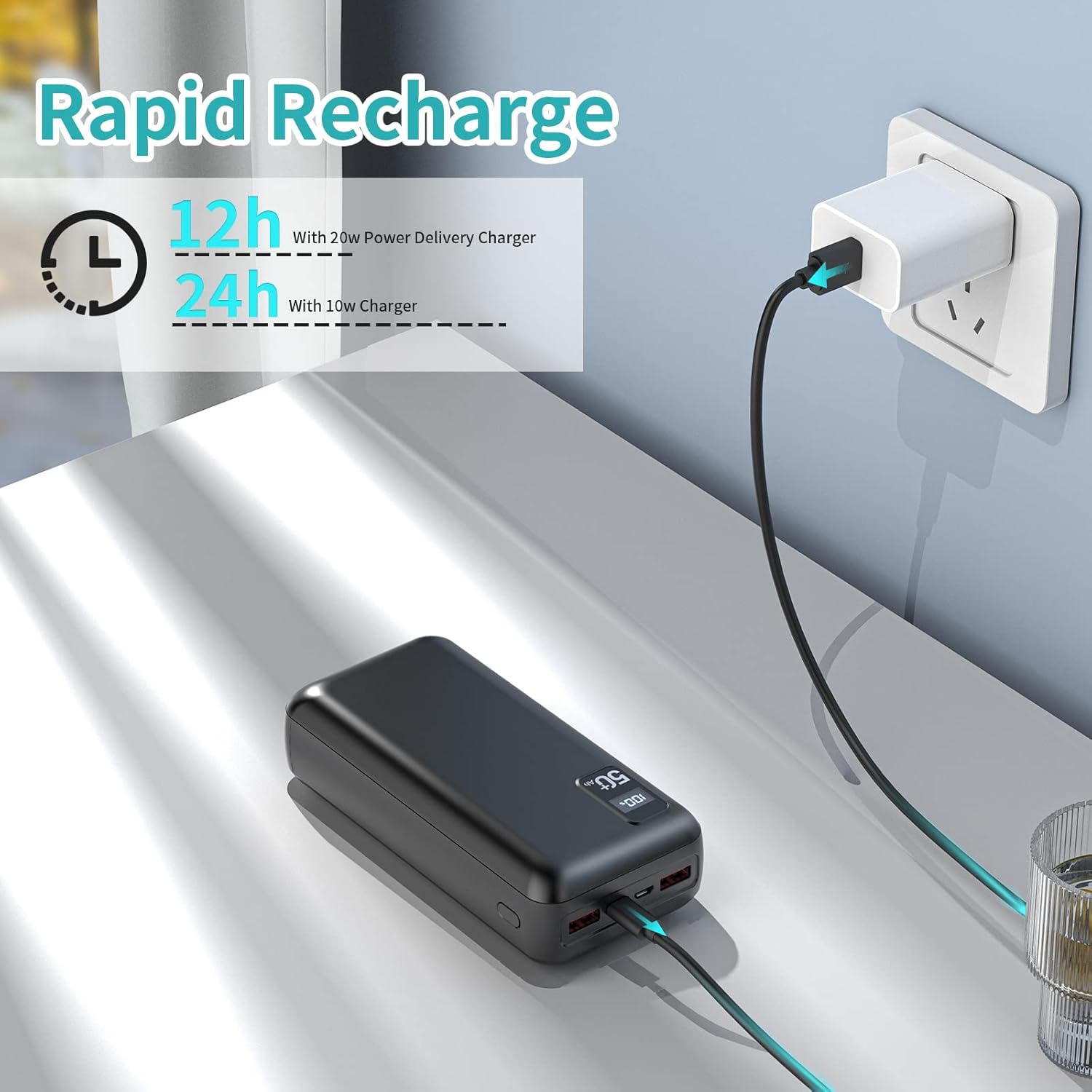 Power Bank 50000mAh 22.5W Fast Charging Portable Charger USB-C Quick Charge with 3 Outputs & 2 Inputs LED Display Huge Capacity External Battery Pack for Most Electronic Devices on The Market - Image 5