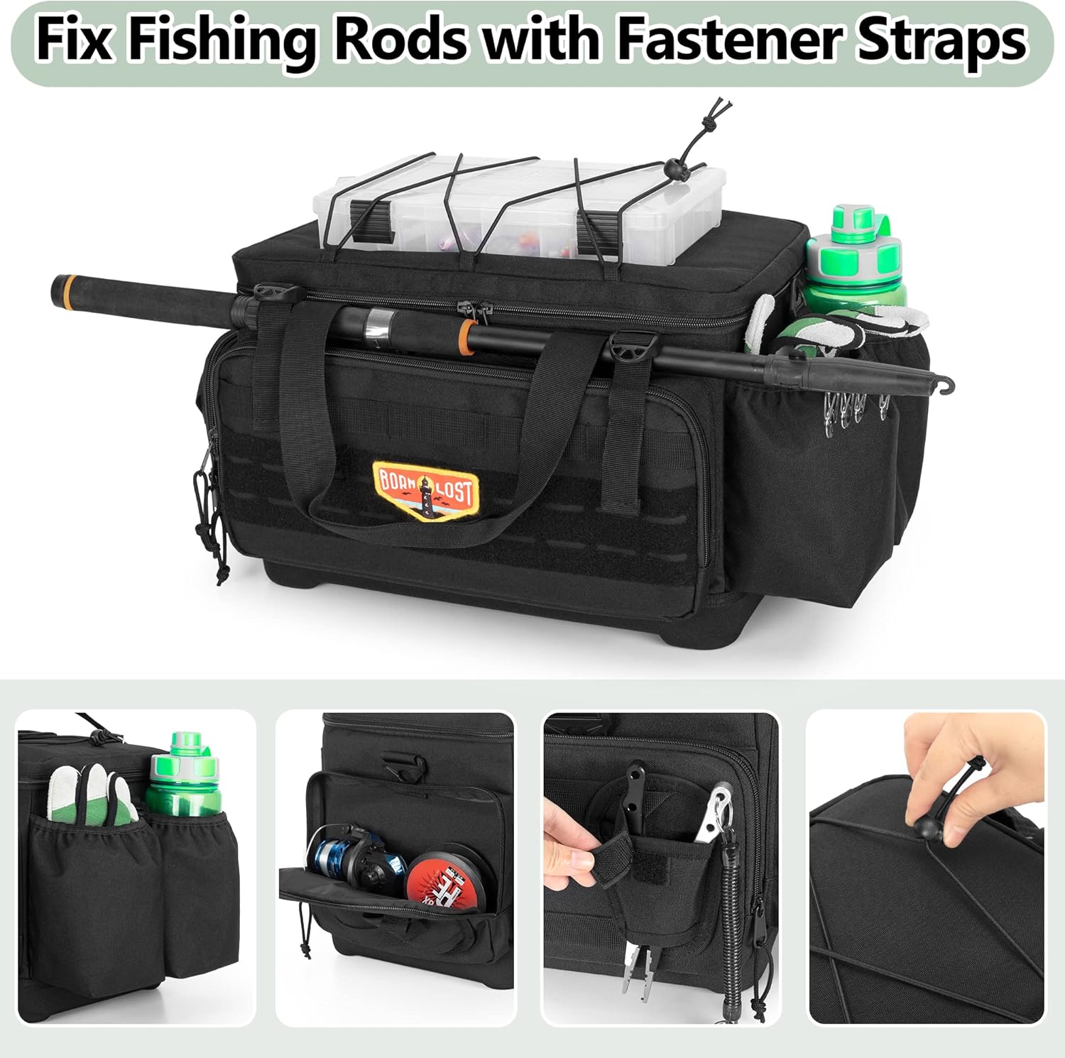 Waterproof Fishing Tackle Bag with Waterproof EVA Bottom (No Tackle Boxes in Package), Soft Tackle Box Storage Bag with Rod Holder, Pliers Storage for Fishing - Image 3
