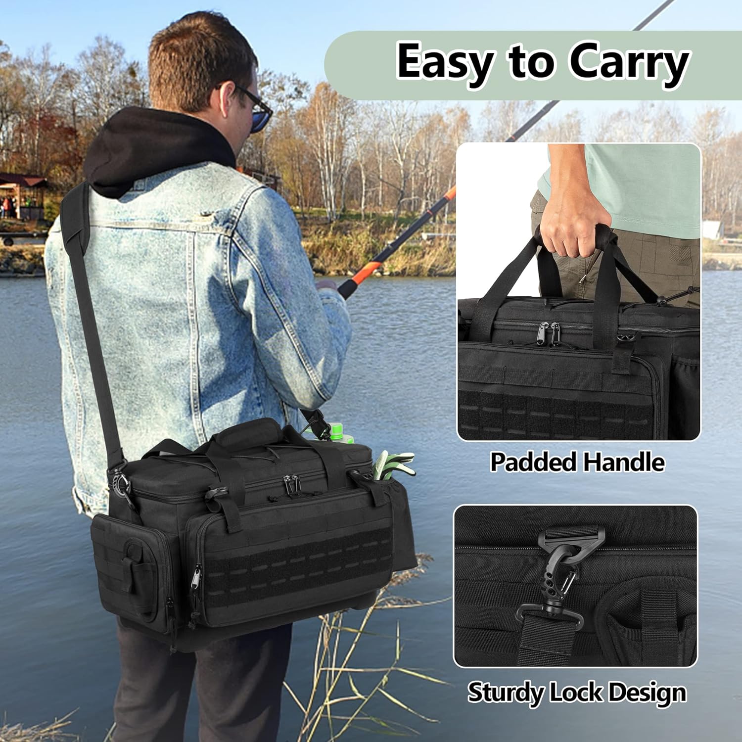 Waterproof Fishing Tackle Bag with Waterproof EVA Bottom (No Tackle Boxes in Package), Soft Tackle Box Storage Bag with Rod Holder, Pliers Storage for Fishing - Image 5
